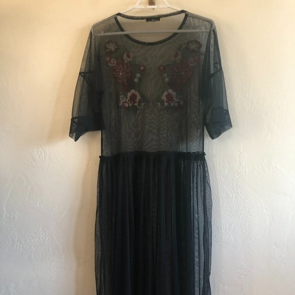 Sheer Long Zara Mesh Black Embroidered Floral Midi Dress, new - Picture 10 of 10